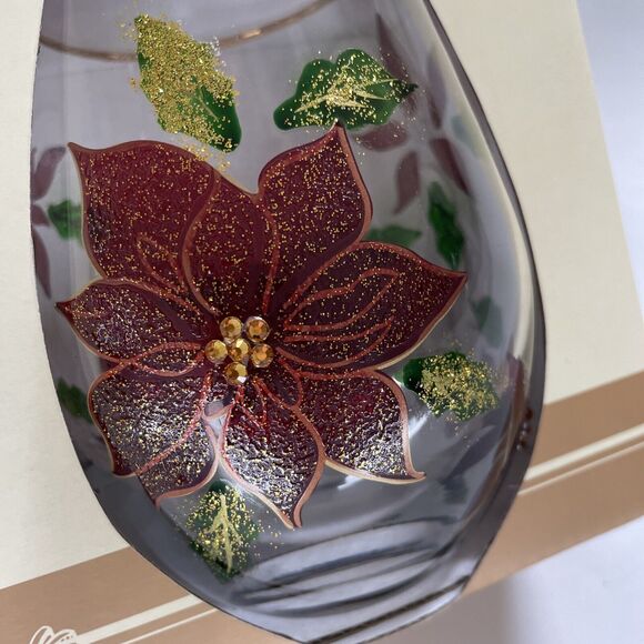 Set of 2 RIDGEFIELD HOME Jeweled CHRISTMAS STEMLESS WINE GLASSES Poinsettias - Picture 2 of 7